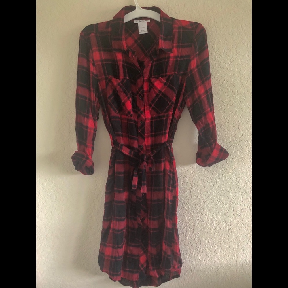 Red Flannel Shirt Dress With Belt